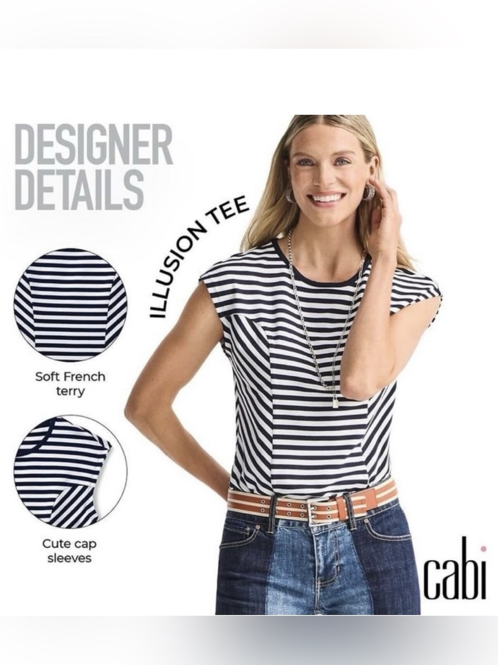 NWOT! CaBi Illusion Striped Tee #6337, XS, Navy/White
